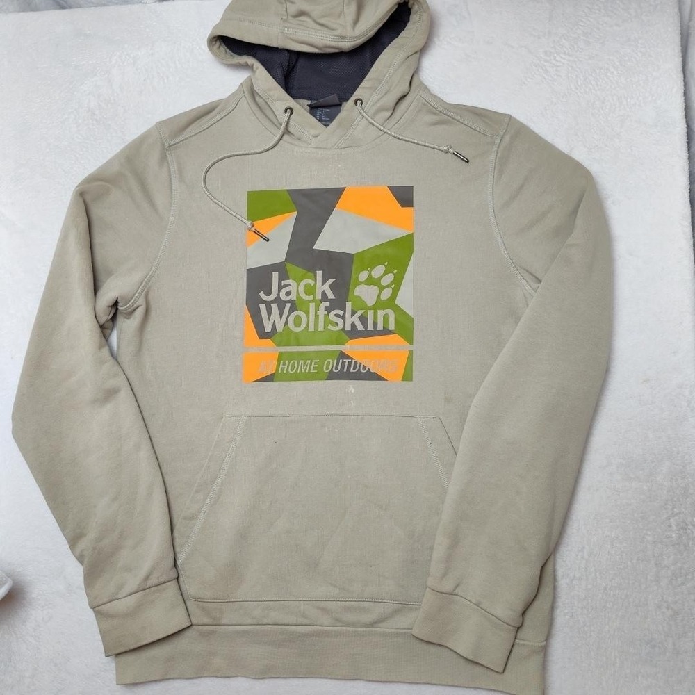Jack‎ Wolfskin Hoodie Mens Large Beige Pullover Hooded Pockets Lined Graphic